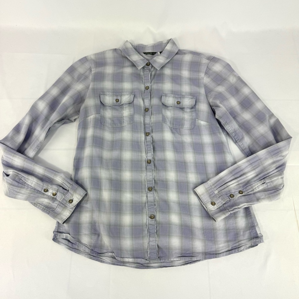 Eddie Bauer XS 100% cotton lightweight button down collared plaid long sleeves